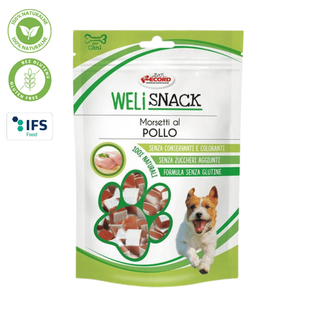 WeliSnack Morsetti al Pollo - 100% Naturalne, Bezglutenowe Smaczki z Kurczakiem i Dorszem dla Psa 75g