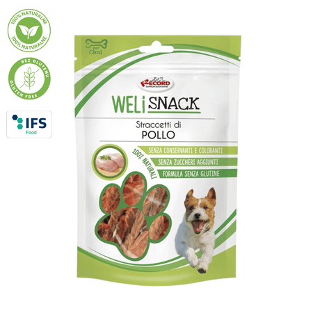 WeliSnack Straccetti di Pollo - 100% Naturalne, Bezglutenowe Smaczki z Kurczakiem  dla Psa 75g