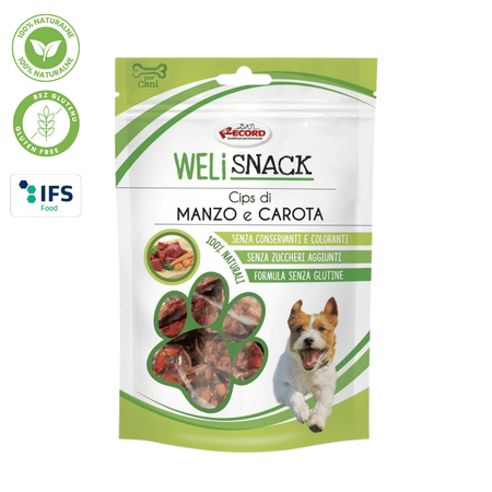 WeliSnack Cips di Manzo e Carota - 100% Naturalne, Bezglutenowe Smaczki z Wołowiną i Marchewką dla Psa 75g