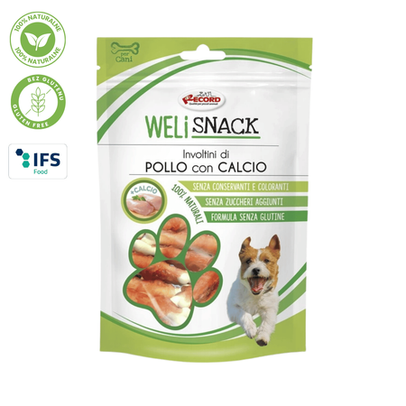 WeliSnack Involtini di Pollo con Calcio - 100% Naturalne, Bezglutenowe Kosteczki z Kurczakiem i Wapniem dla Psa 75g