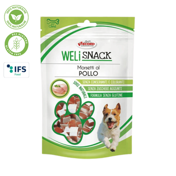 WeliSnack Morsetti al Pollo - 100% Naturalne, Bezglutenowe Smaczki z Kurczakiem i Dorszem dla Psa 75g