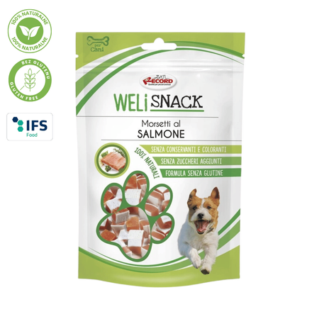 WeliSnack Morsetti di Salmone - 100% Naturalne, Bezglutenowe Smaczki z Łososiem i Dorszem dla Psa 75g